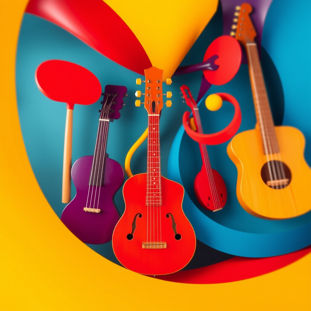 Create an abstract representation of musical instruments featuring vibrant curves and shapes, using a color palette of reds, yellows, and blues, shot with a wide-angle lens at f/2.8, ISO 100, 1/60 sec, in a high-resolution format with soft focus and dynamic lighting for depth.