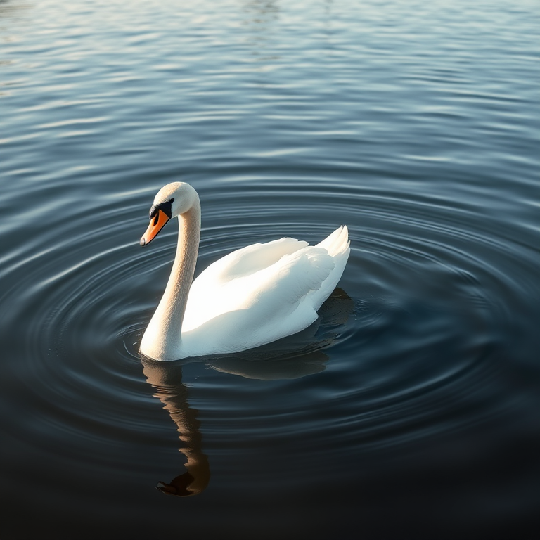 swan swimming on a calm lake with soft ripples in clear daylight, ISO 200, f/4, 1/1000s, 85mm lens, shallow depth of field, taken with a DSLR camera, natural lighting
