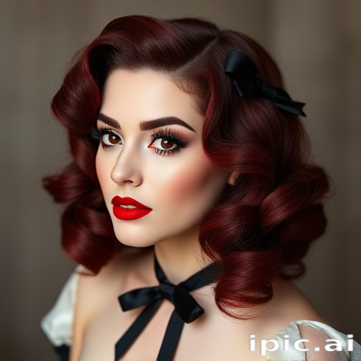 Lush burgundy locks styled in vintage pin-up victory rolls with black ribbon accents, exuding timeless glamour and sophistication named Velvet Vixen