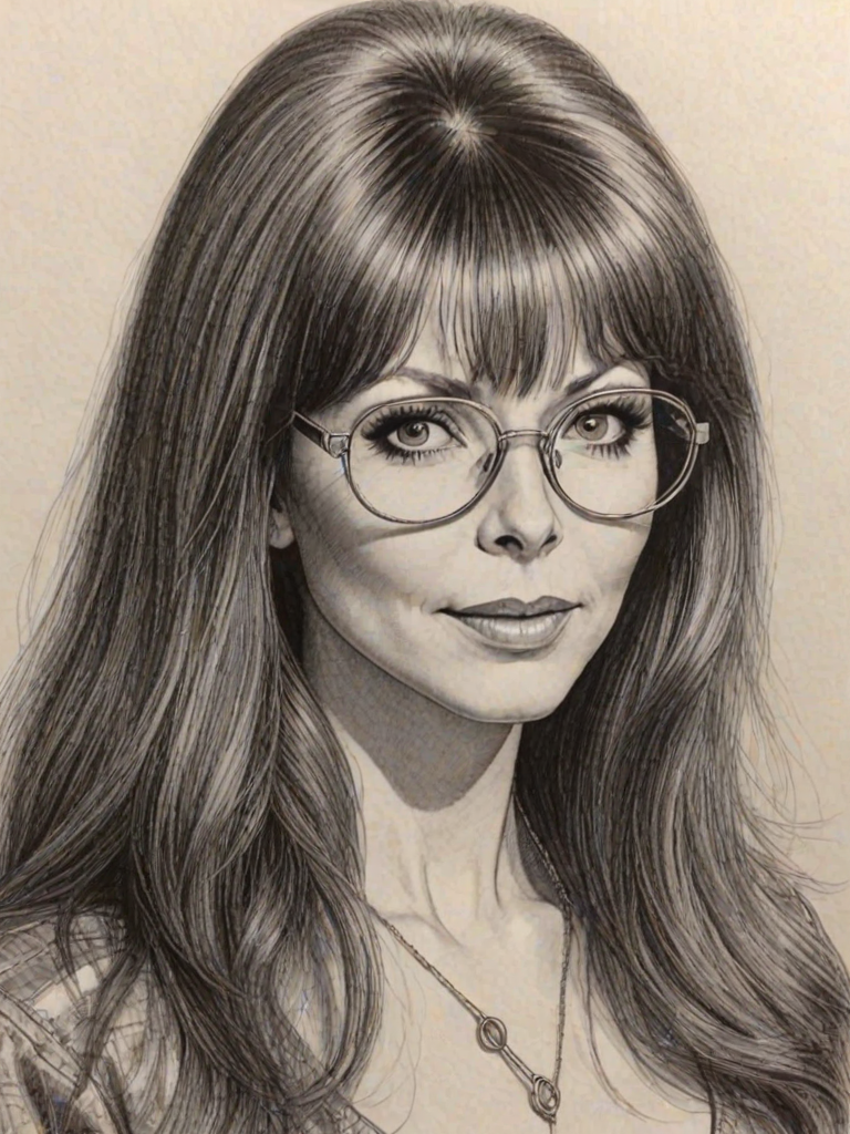 Alluring Cassandra Peterson, pencil sketch, portrait of Stunning woman 1978s in glasses, hair style beatnik, outline, clear lines, fine lines, 8k