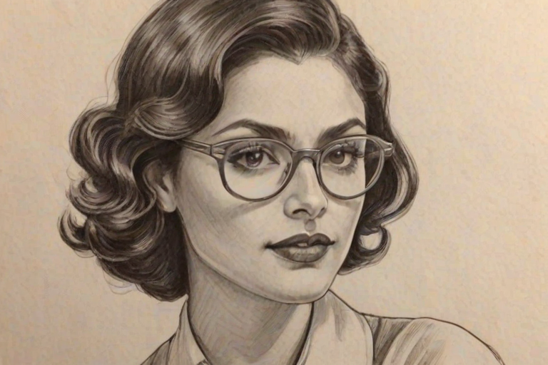 Lovely Morena Baccarin, pencil sketch, portrait of Graceful woman 1936s in glasses, hair style beatnik, outline, clear lines, fine lines, 8k