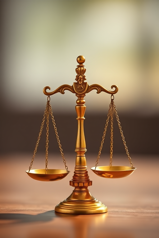 Create a high-quality image of a golden scale icon representing justice, captured with a 50mm lens, f/1.8 aperture, 1/200s shutter speed, in a soft focus background, using a DSLR camera in natural lighting.