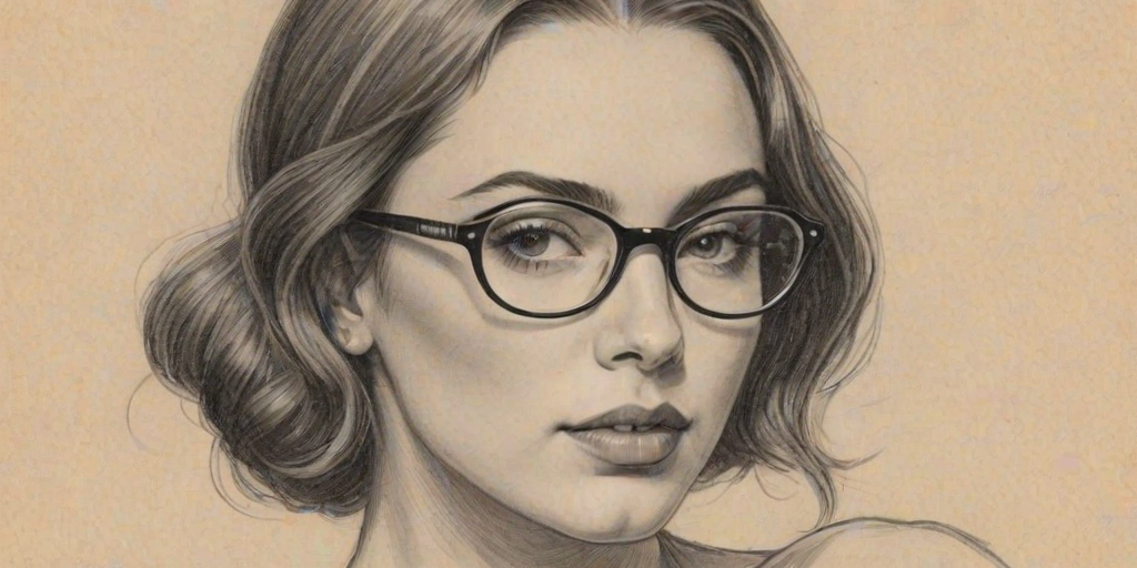 Appealing Sophie Simmons, pencil sketch, portrait of Stunning woman 1924s in glasses, hair style beatnik, outline, clear lines, fine lines, 8k