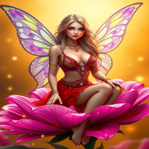 A digital artwork features a winged fairy with delicate Electric butterfly wings, adorned with intricate Chartreuse andLilac patterns. She is seated on a vibrant Pink flower, wearing a revealing red two-piece outfit with sparkling beadwork. Her fair skin, long blonde hair, and gold jewelry add to her ethereal appearance. The background is a warm, golden gradient, creating a magical atmosphere. Small glowing orbs and sparkles surround the flower, enhancing the enchanting, highly detailed, and realistic scene.