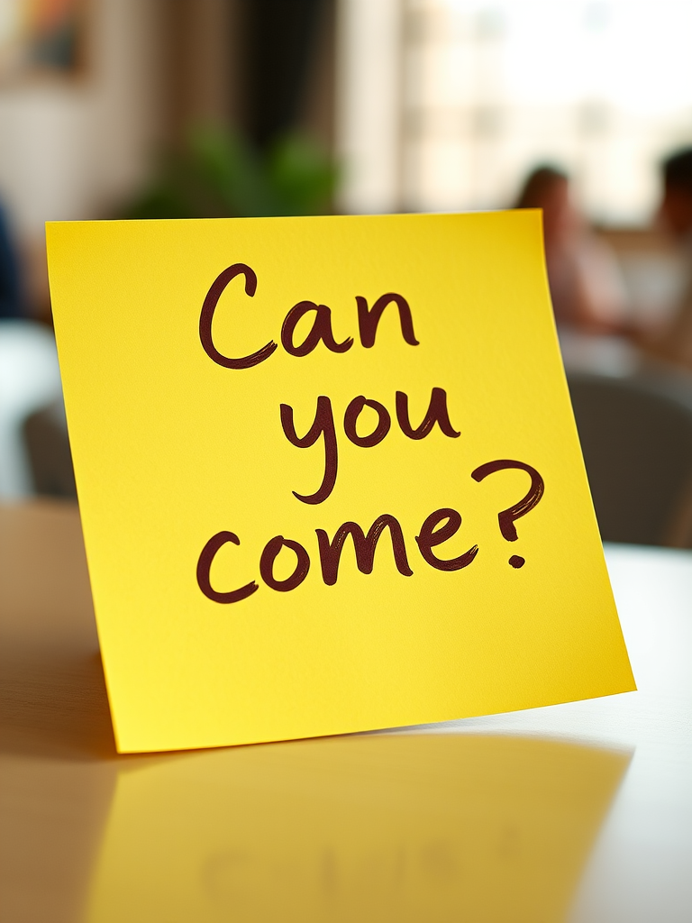 Yellow post-it note, hand written in brown pen text "Can you come??", 3d, hd, hyper realistic,