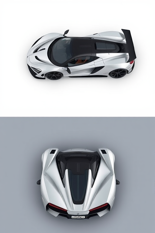 create a detailed 3D rendering of a hypercar with a top-down view, side profile, and rear view, utilizing a DSLR camera type with a 50mm lens, aperture set to f/1.8 for a shallow depth of field, ISO 100 for clarity, and natural lighting for enhanced color fidelity.