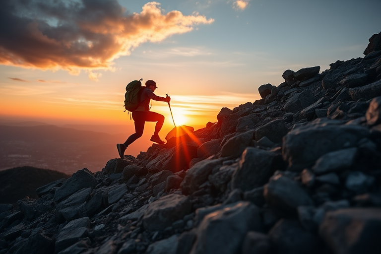 Create an image of a hiker ascending a rocky terrain at sunset, using a Canon EOS R5 camera with a 24-70mm f/2.8 lens, set to ISO 200, aperture f/8, and shutter speed 1/125 sec, shot from a low angle to emphasize the height of the hiker.