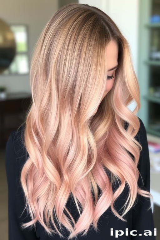 Soft rose gold balayage on a long, layered cut with face-framing tendrils and subtle waves, creating a romantic and feminine "Blushing Goddess" hairstyle