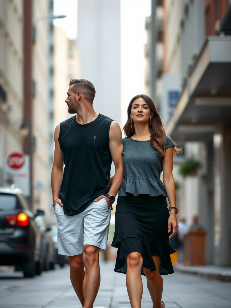 Regenerate an image of a couple walking together on a city street, focused on their outfits with the man wearing a sleeveless black shirt and white shorts, and the woman in a gray top with a ruffled black skirt, captured in a shallow depth of field, using a 50mm lens, aperture f/2.8, ISO 100, natural lighting, and a slight tilt-shift effect for artistic flair.