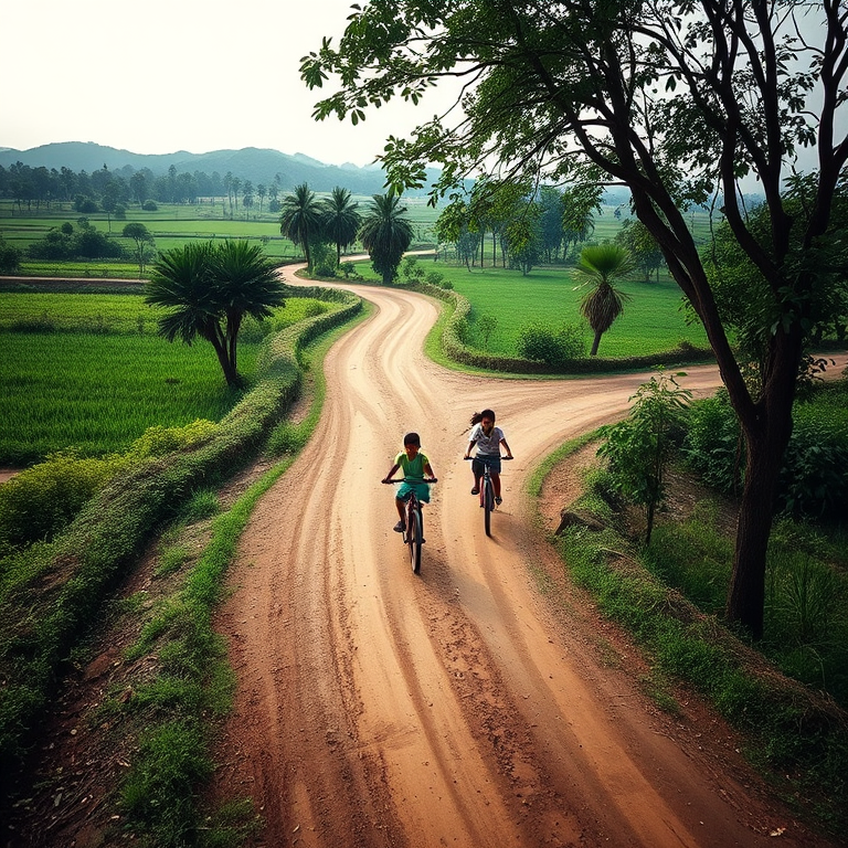 A serene rural landscape featuring a winding dirt road with two children riding bicycles, surrounded by lush greenery and trees, taken from a high angle with a Canon EOS 5D Mark IV, f/4 aperture, ISO 200, 50mm lens, soft focus background to enhance depth of field.