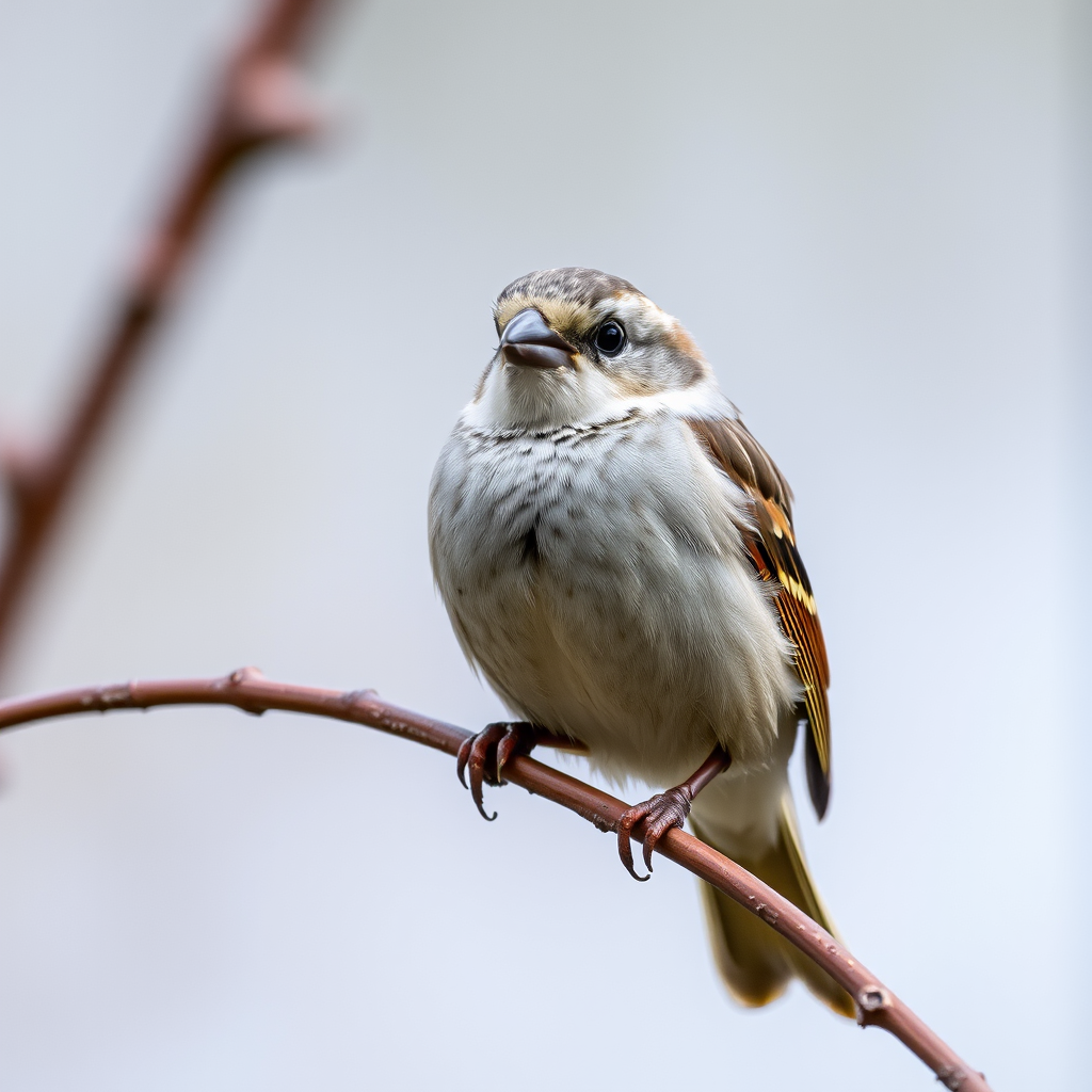 A close-up shot of a sparrow perched on a branch, with a blurred background to emphasize its details, using a DSLR camera with a 50mm lens, aperture set to f/2.8 for shallow depth of field, ISO 200, and a shutter speed of 1/500s to capture sharpness and clarity.