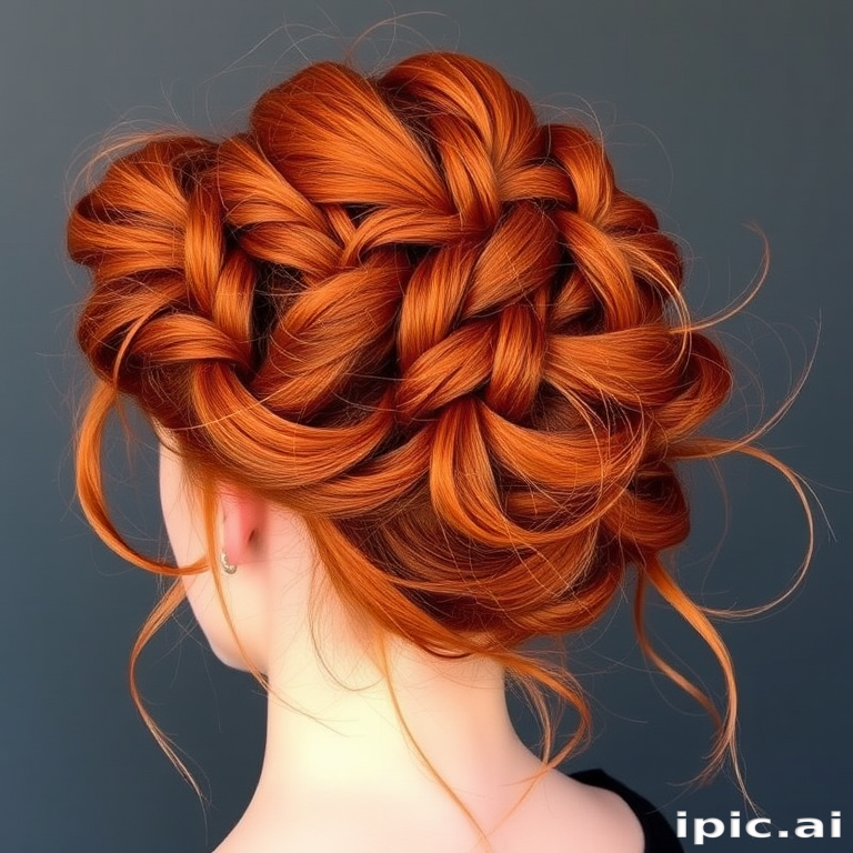 Fiery copper-red locks styled in the "Phoenix Rising" updo showcase intricate braids forming flame-like patterns, with wispy tendrils framing the face for a ethereal look