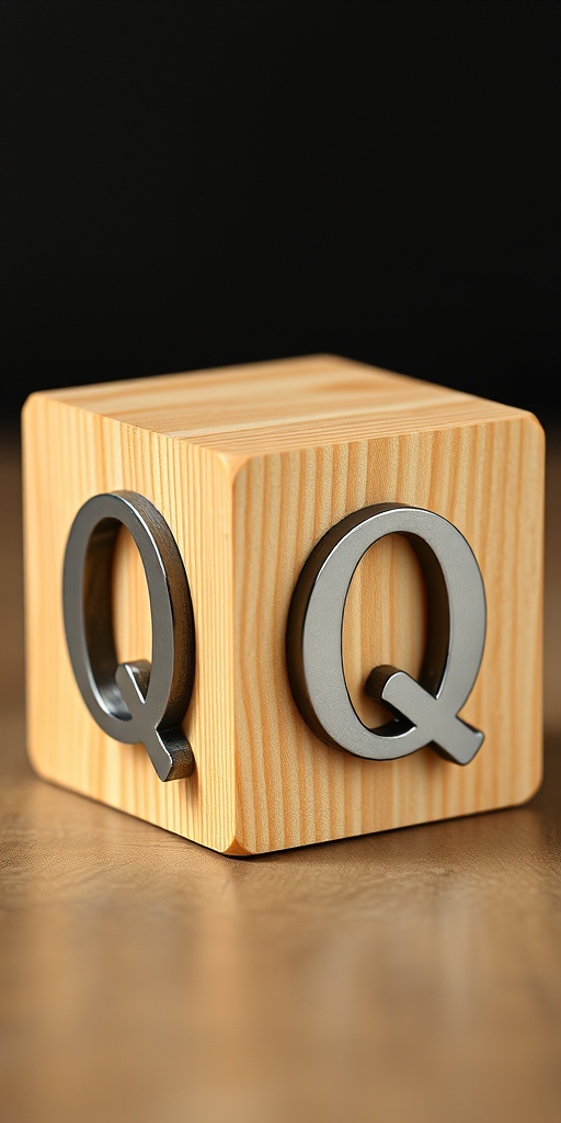 Create a 3D wooden cube with a metallic letter Q on each side, high resolution, lighting set to soft, focal length 50mm, aperture f/2.8, shot from eye level, using a DSLR camera.