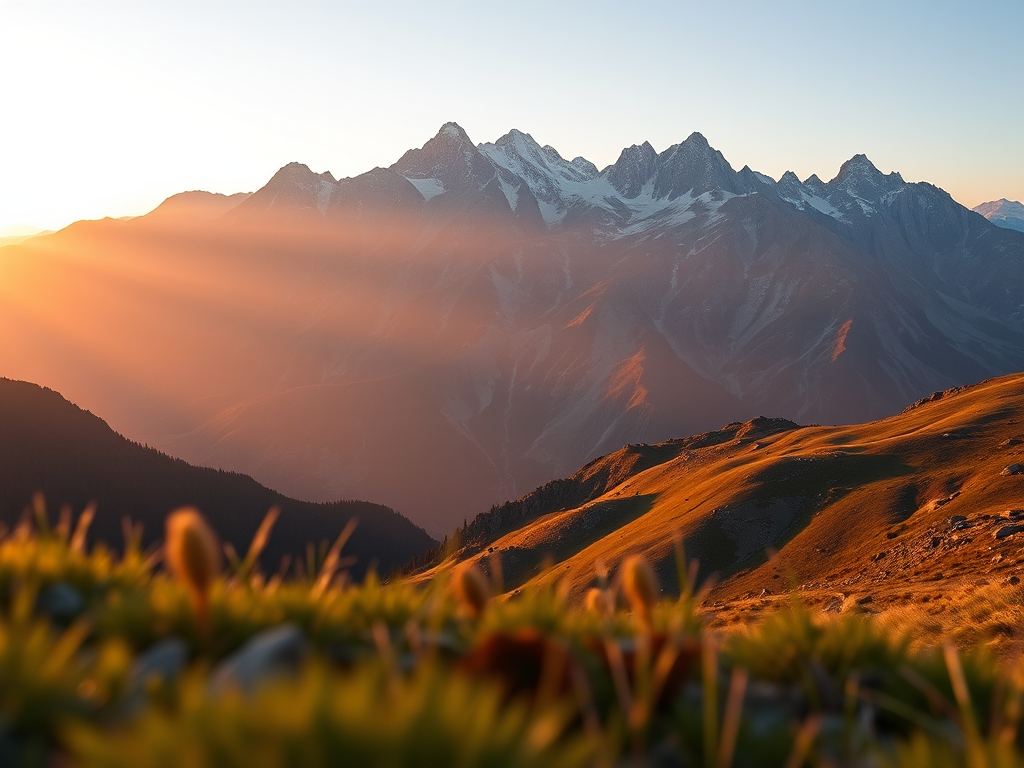 Create a high-resolution digital image of a serene mountain landscape during golden hour with vibrant colors, using a 16mm lens, f/8 aperture, ISO 200, 1/125 sec shutter speed, captured from a low angle to emphasize foreground details, employing a full-frame DSLR camera for optimal quality.