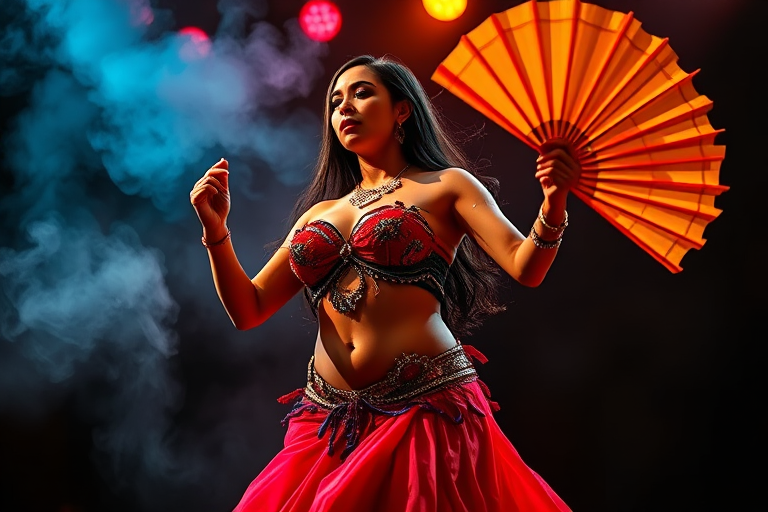 Belly dancer performing with colorful fans, dramatic lighting with smoke effects, 85mm lens, f/2.8 aperture, ISO 400, low angle view, portrait style, DSLR camera.