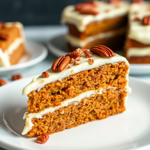 A close-up view of a slice of moist carrot cake with cream cheese frosting topped with crushed pecans on a white plate, showcasing the layered texture of the cake and frosting. The background is softly blurred with more cake visible, creating a warm and inviting dessert scene.