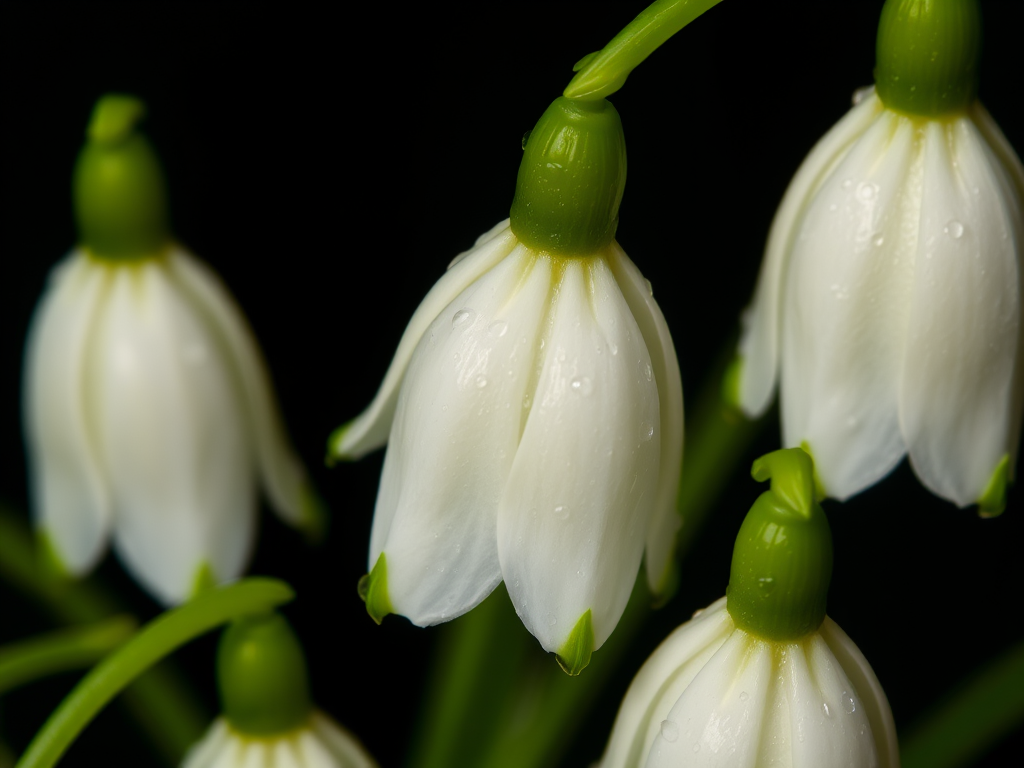 a close-up of delicate white flowers with green tips, lightly glistening with water droplets, against a dark background