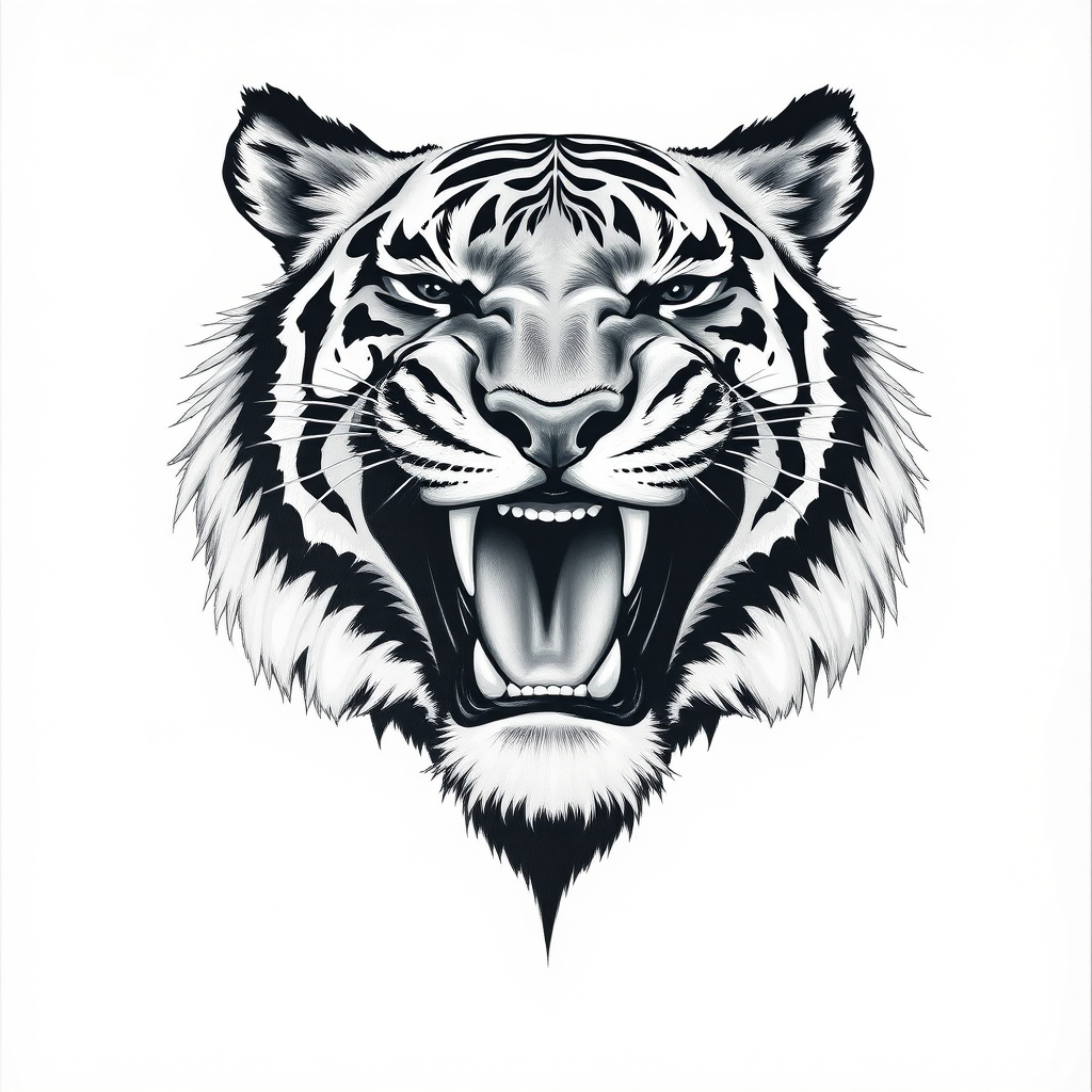 Abstract black and white acrylic portrait of an over exaggerated laughing (tiger). Minimalism style. White background.