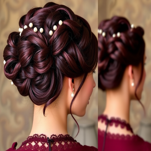 Deep burgundy locks fashioned into an elaborate, Renaissance-inspired updo with braided coils and pearl embellishments, embodying regal "Wine and Roses" elegance