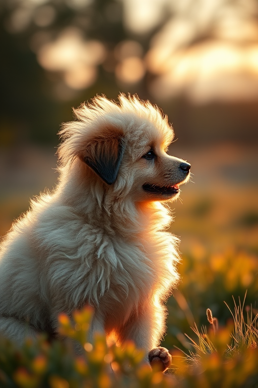 create an image of a fluffy dog in a natural setting with a shallow depth of field, aperture f/2.8, ISO 100, 50mm lens, soft golden hour lighting, side profile view, DSLR camera