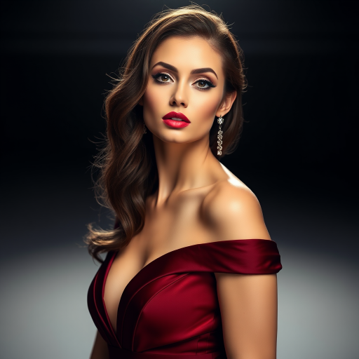 Studio portrait, female model, elegant couture dress, bold makeup, dramatic lighting, Utilize a 50mm portrait lens for crisp details and a soft background blur, 8k