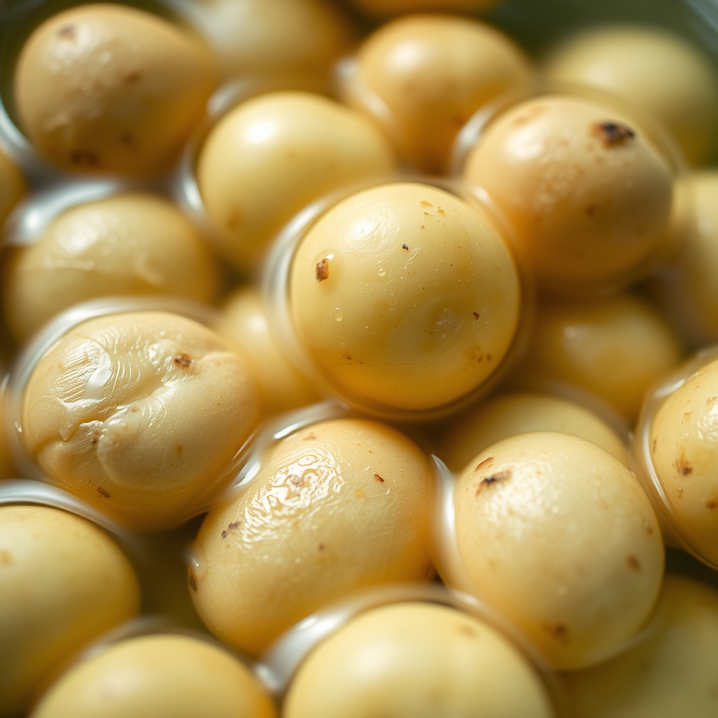 Close-up of freshly washed potatoes submerged in water, shallow depth of field, f/2.8, ISO 100, 50mm lens, natural lighting, macro photography style, DSLR camera.