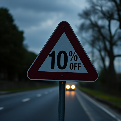 Generate a high-resolution image of a triangular road sign indicating a 10% gradient with a silhouette of a car, using a DSLR camera with a 50mm lens, aperture set to f/2.8, shutter speed of 1/200s, and ISO 100, captured from a low angle for dramatic effect.