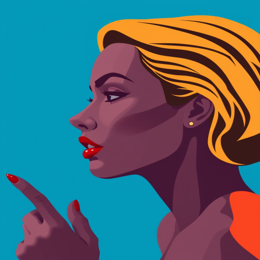 Create a high-resolution digital illustration of a stylized woman with a prominent profile, featuring a bold hairstyle and red lips, against a contrasting blue background, using a DSLR camera with a 50mm lens, aperture set to f/1.8 for a shallow depth of field, and soft studio lighting for enhanced color vibrancy.