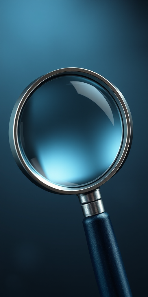 create a high-resolution illustration of a magnifying glass with a metallic frame and a dark blue handle, shot in macro view using a DSLR camera, aperture f/2.8, ISO 100, and a soft focus background to enhance clarity and detail