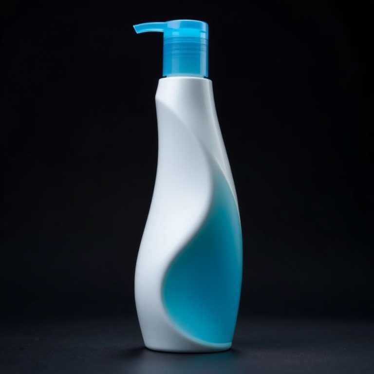 Create a highly detailed image of a sleek, modern shampoo bottle with a curved design and a blue, transparent cap, using a Canon EOS R5 camera with a 50mm lens, f/1.8 aperture, ISO 100, and a studio lighting setup for optimal sharpness and brightness.