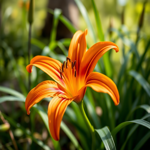 Create a high-resolution image of an orange lily in a natural setting, using a DSLR camera with a 50mm lens at f/2.8, ISO 100, shutter speed 1/200s, taken from a low angle with soft natural lighting to emphasize the vibrant colors and details of the petals and leaves.