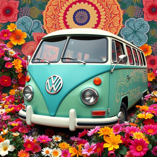 A vibrant VW van surrounded by a burst of colorful flowers, with intricate patterns in the background, shot with a DSLR camera at f/2.8 aperture, ISO 100, 50mm lens, using a wide-angle perspective to capture depth and detail.