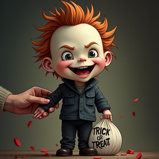 A whimsical caricature of a child version of Michael Myers, grinning mischievously. He is held by the hand of an unrecognizable person (only their hand visible), while holding a bag labeled 'Trick or Treat.' His facial expression is playful yet slightly menacing, reflecting his iconic figure. The scene is in portrait format with a Halloween theme, featuring exaggerated cartoon details like big eyes, a small body, and a creepy yet light-hearted tone.