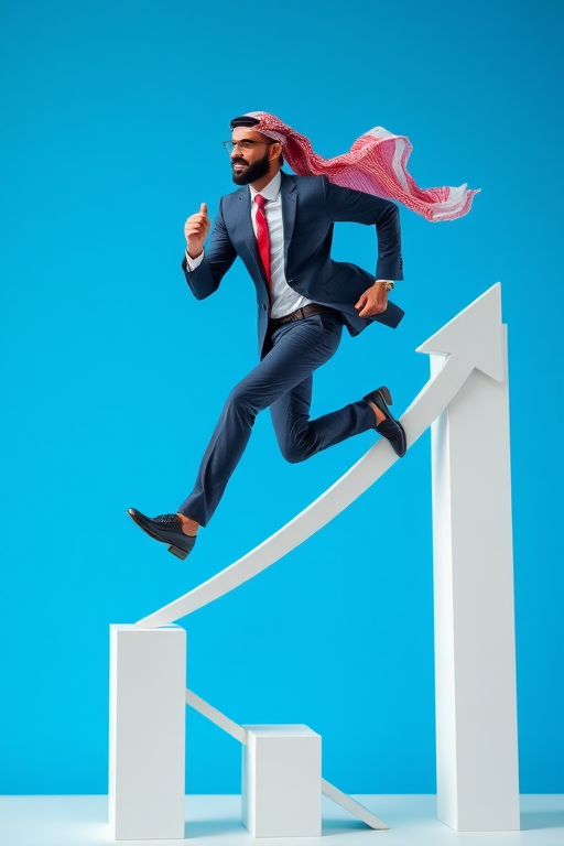 create an illustration of a business person in traditional Middle Eastern attire running upward on a bar graph with an upward arrow, vibrant blue background, using a Canon EOS R5 with a 50mm f/1.2 lens, aperture set to f/4, ISO 100, and a soft focus style for enhanced clarity and depth.
