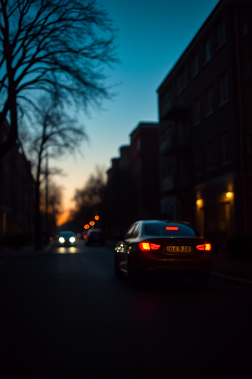 Silent street at dusk with a silhouette of a car in soft light, shot with a 50mm lens, aperture f/1.8, ISO 100, shutter speed 1/500s, from a low angle, using a DSLR camera with a warm color tone.