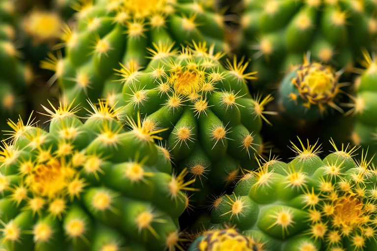 Close-up of a cluster of vibrant green cacti with prominent yellow spines, captured with a Canon EOS R5, 50mm lens, f/2.8 aperture, ISO 200, shallow depth of field to enhance texture details.