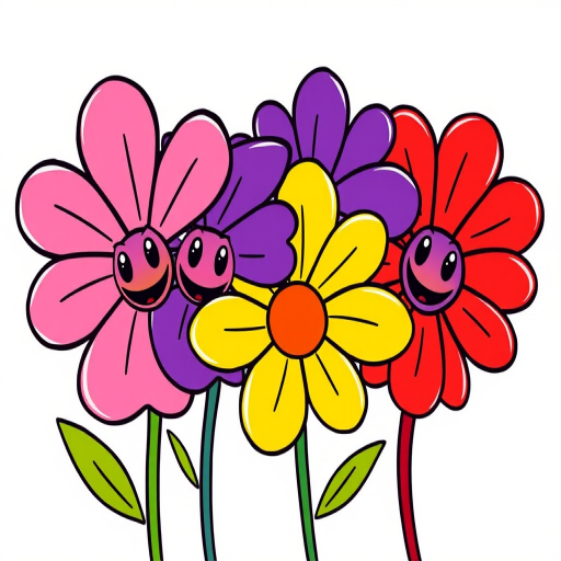 Create a vibrant illustration of four cartoon flowers in a row, with distinct colors: pink, purple, yellow, and red, featuring bold outlines and simple shapes, captured with a DSLR camera, 50mm lens, f/2.8 aperture, ISO 100, in daylight to enhance color saturation and sharpness.