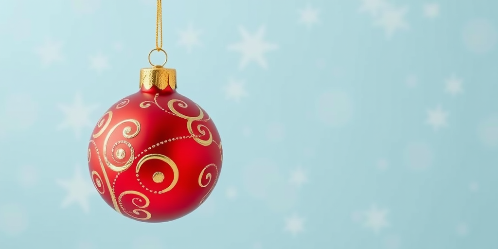 Create a high-resolution image of a red Christmas ornament with golden swirls, hanging against a light blue background with white snowflakes, using a DSLR camera with a 50mm lens at f/1.8, ISO 100, and a soft focus style.