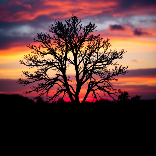Generate an image of a stylized tree in silhouette against a colorful sunset sky using a Canon EOS R5 with a 50mm lens, aperture set to f/2.8, ISO 100, and a focal length of 50mm, shot from a low angle to emphasize the height of the tree and capture vibrant colors.