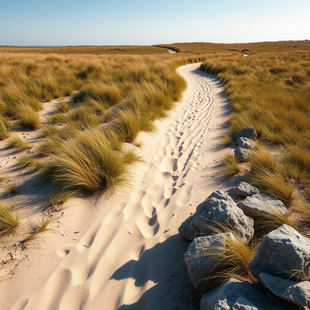 Generate a vivid landscape image featuring a sandy path winding through a grassy area with rocks on the side, captured with a Canon EOS 5D Mark IV at f/8, ISO 100, 1/250 sec, wide-angle lens, in natural daylight for enhanced clarity and detail.