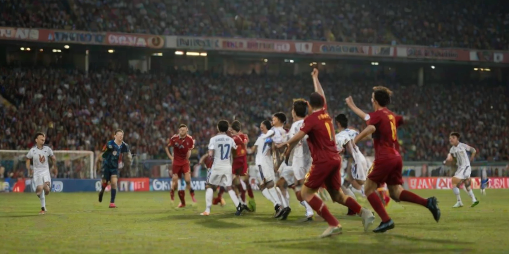 Blurry action shot of a soccer team celebrating a goal, players jumping in mid-air, arms raised in victory, stadium lights casting harsh shadows, and distant fans waving flags and cheering loudly.
