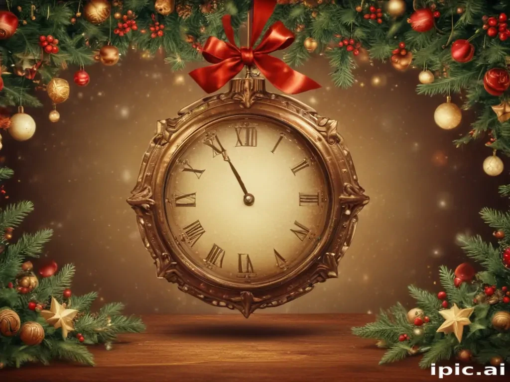 Festive Holiday Clock Surrounded by Cheerful Decorations and Warm Lights