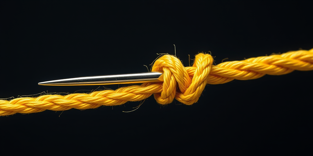 Create a high-resolution illustration of a needle and yellow rope demonstrating different knot techniques, using a DSLR camera with a macro lens, f/2.8 aperture, 100mm focal length, and soft lighting for clarity and detail.