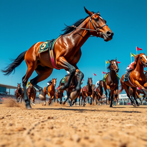 Capture a dynamic horse racing scene with multiple horses sprinting on a racetrack, clear blue sky, vibrant flags in the background, shot with a DSLR camera at f/4 aperture, 1/1000 sec shutter speed, ISO 200, wide-angle lens at 24mm, from a slightly elevated perspective to emphasize motion and excitement.