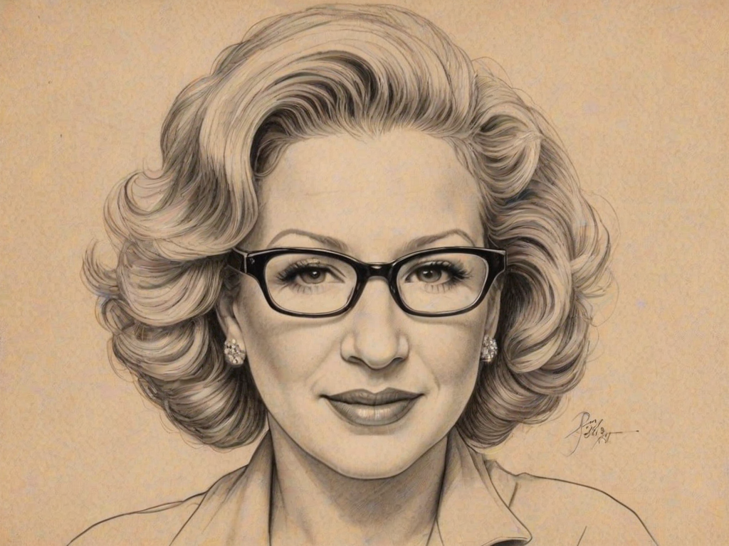 Delightful Bette Midler, pencil sketch, portrait of Fetching woman 1938s in glasses, hair style beatnik, outline, clear lines, fine lines, 8k