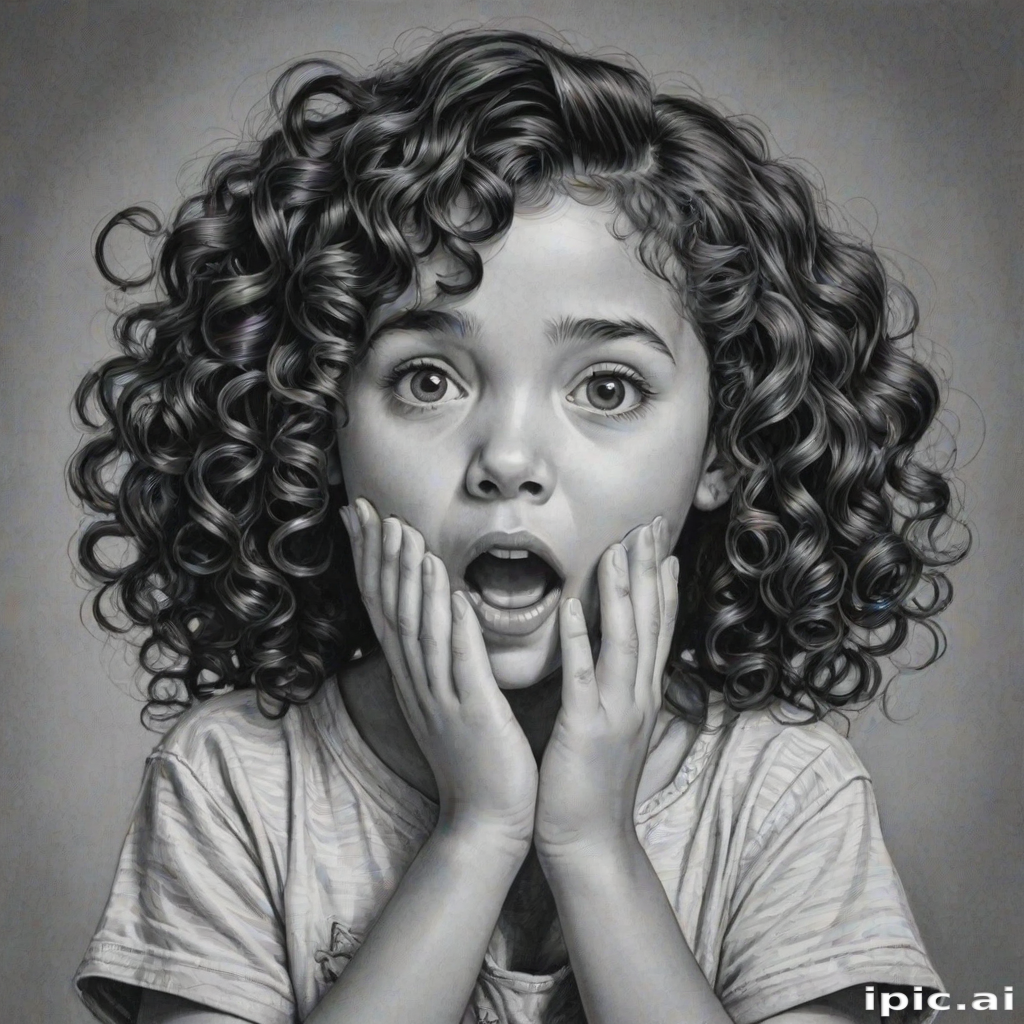 The image is a black and white illustration of a young girl with curly hair. She has a surprised expression on her face with her mouth open and her hands clasped together in front of her chest. Her eyes are wide and her eyebrows are furrowed. Her hair is styled in loose curls that are cascading down her back. The overall mood of the image is one of shock or surprise.