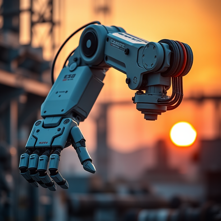 highly detailed robotic arm in an industrial setting, soft gradient sunset background, with dramatic lighting, shot with a Canon EOS R5, 50mm lens, f/1.8 aperture, ISO 100, 1/200 sec exposure, focus on the arm with shallow depth of field