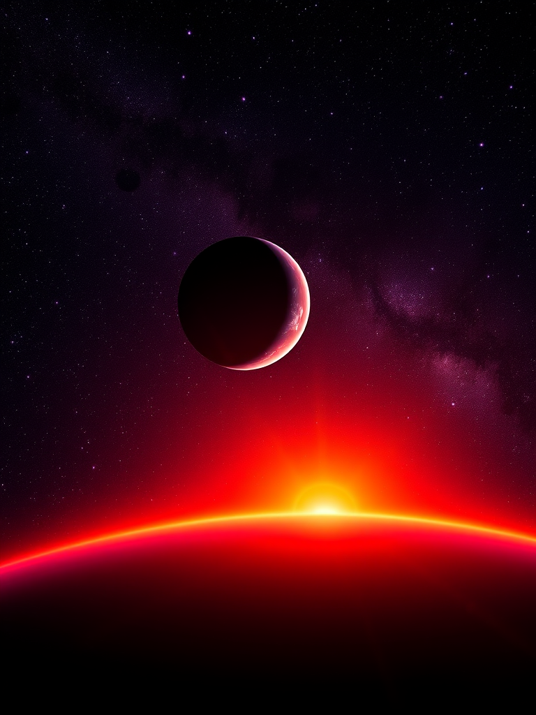 Capture a stunning cosmic scene featuring a glowing planet and a vibrant sunrise in space, with rich orange and purple hues, DSLR camera settings at f/2.8, ISO 100, 1/125s, wide-angle view, low-angle perspective, using HDR imaging techniques for enhanced detail and contrast.