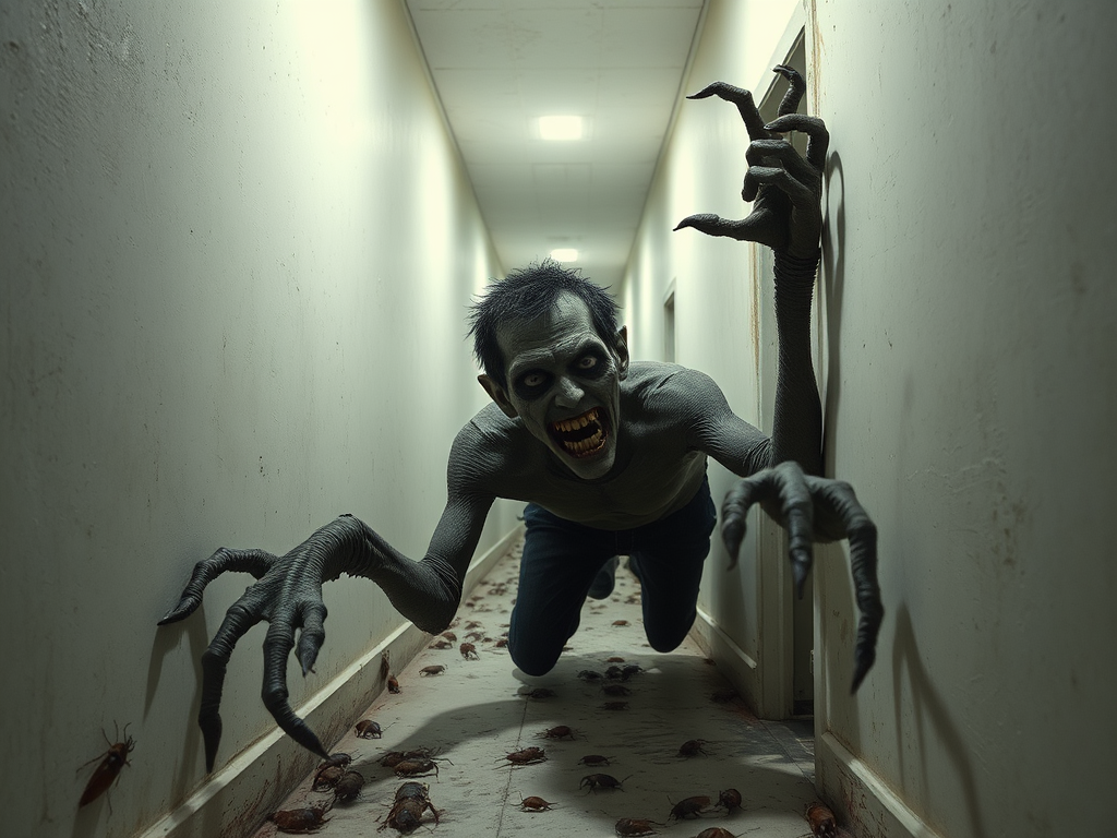 a crooked male with long arms and a creepy smile is crawling along a long white corridor and you can also see cockroaches in it there is a creepy atmosphere creepy art style