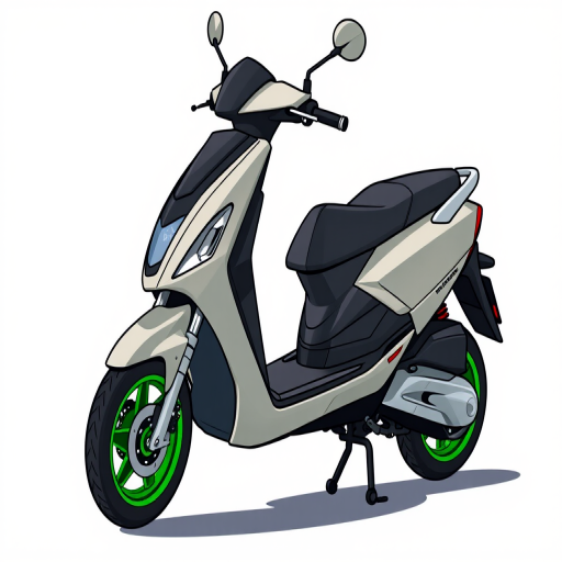 Create a high-resolution vector illustration of a modern scooter with green wheels, focusing on sleek lines and detailed features, captured with a DSLR camera at f/2.8, ISO 100, 35mm lens, in a side view with soft natural lighting to enhance the overall quality.